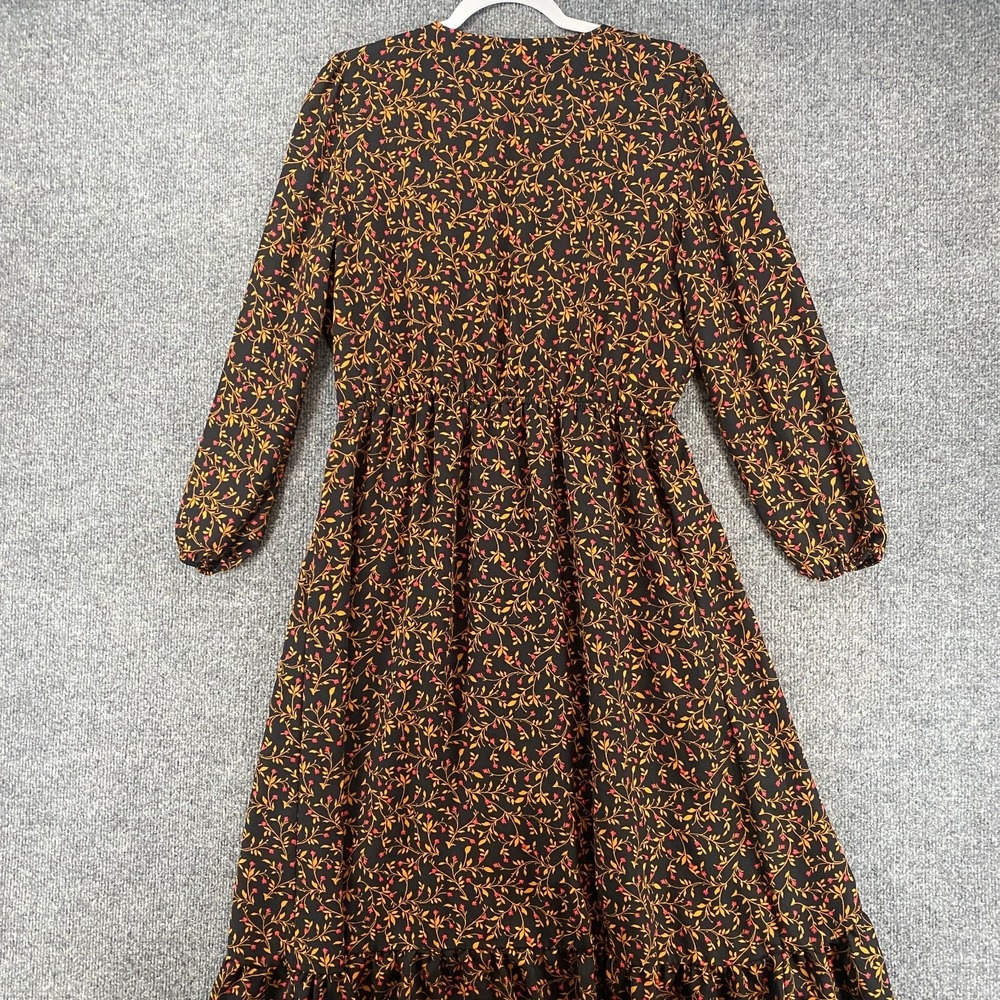 Old Navy Dress Size L Black Floral Wrap V-Neck Prairie Cottagecore Boho Peasant - Picture 6 of 11